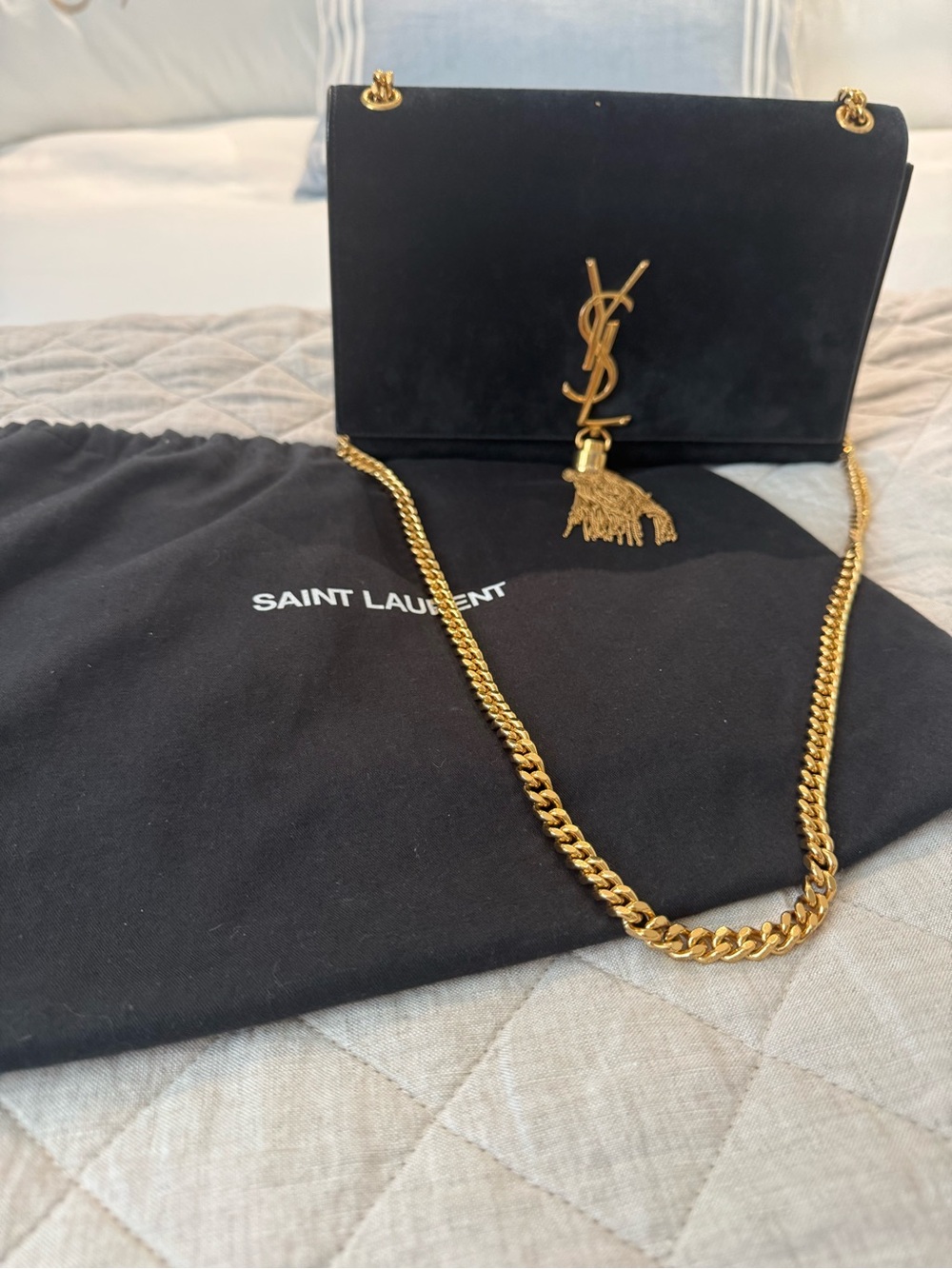 Saint Laurent Black Suede Monogram Chain Shoulder Bag with Gold Hardware